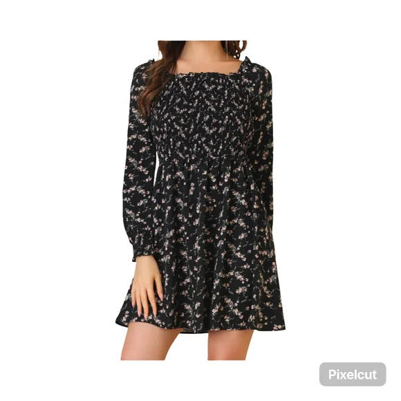 NWOT Size Medium Allegra K Navy Floral Long Sleeve Smocked Mini Dress - Picture 1 of 7